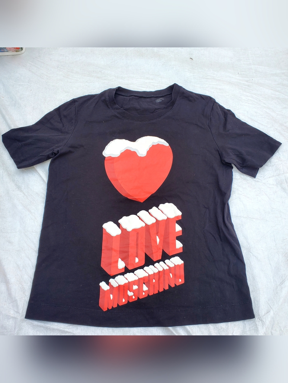 3/$50 Love Moschino Black Tee with Red Heart and Graphic Text